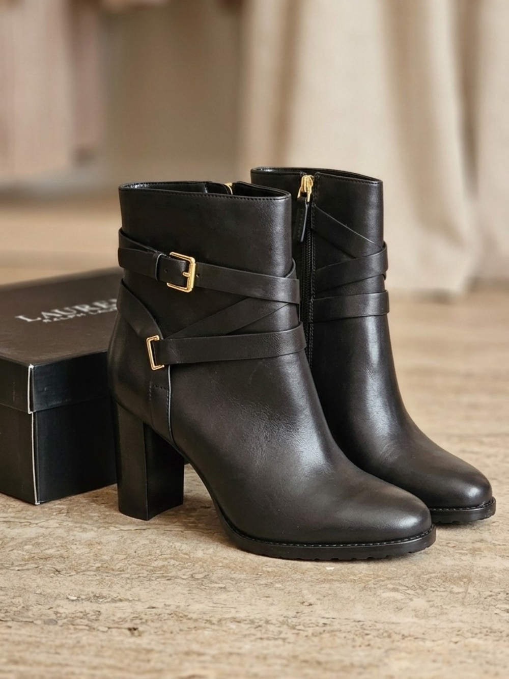 Lauren‎ Ralph Lauren Women's Black Leather Strappy Ankle Boots